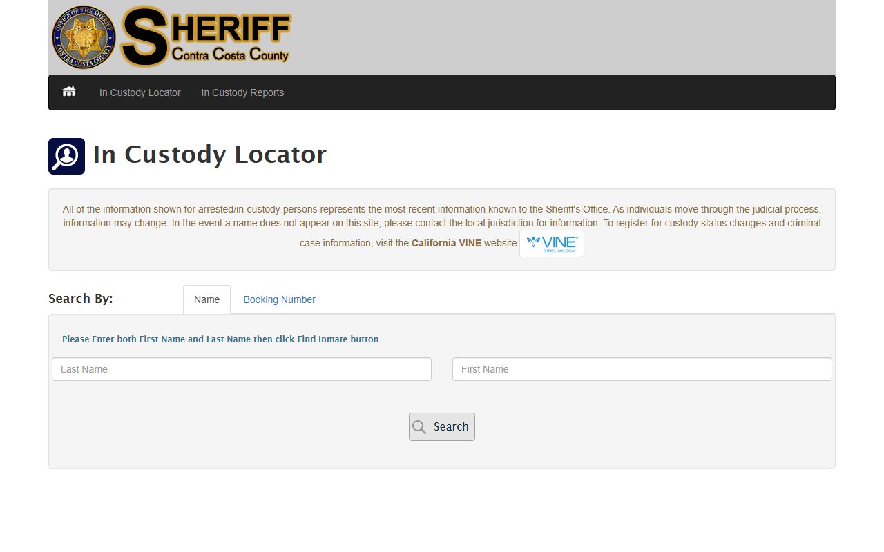 Contra Costa County inmate search In-Custody Locator tabs