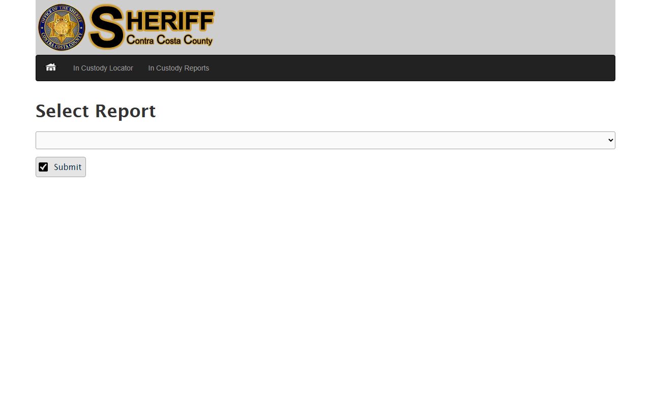 Contra Costa County booking records In-Custody Reports dropdown
